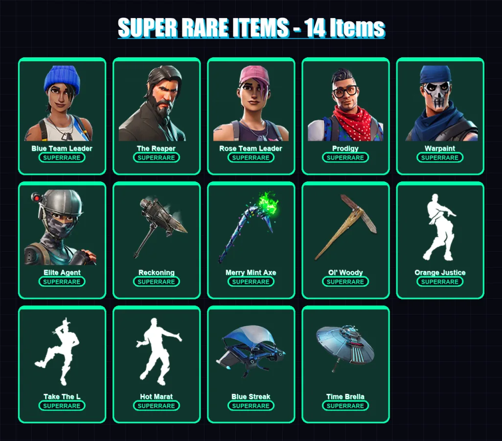 [PC/XBOX] | Blue Team Leader | The Reaper | Rose Team Leader | Prodigy | Warpaint | 76 skin | 93 pickaxe | 97 emote | 93 glider | Lv1488