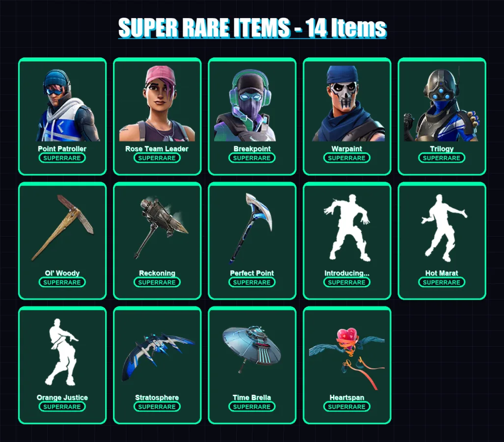 [PS4/PS5/XBOX/PC] | Point Patroller | Rose Team Leader | Breakpoint | Warpaint | Trilogy | 144 skin | 153 pickaxe | 142 emote | 140 glider | Lv2357