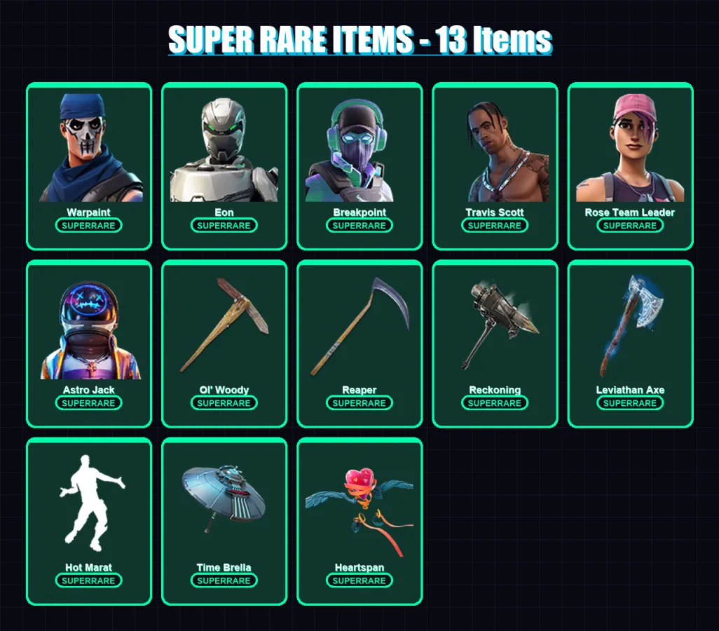 [PC/PSN] | Warpaint | Eon | Breakpoint | Travis Scott | Rose Team Leader | 177 skin | 195 pickaxe | 141 emote | 153 glider | Lv2235
