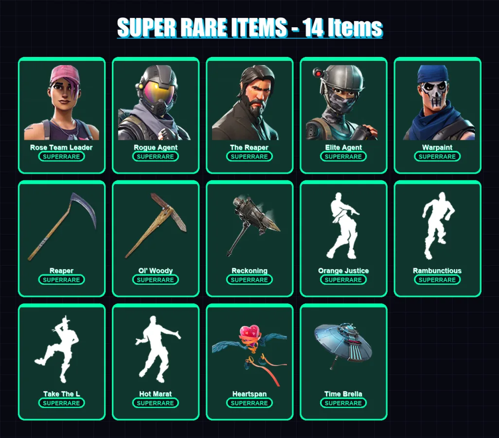 [PC/PSN] | Rose Team Leader | Rogue Agent | The Reaper | Elite Agent | Warpaint | 80 skin | 87 pickaxe | 93 emote | 84 glider | Lv962