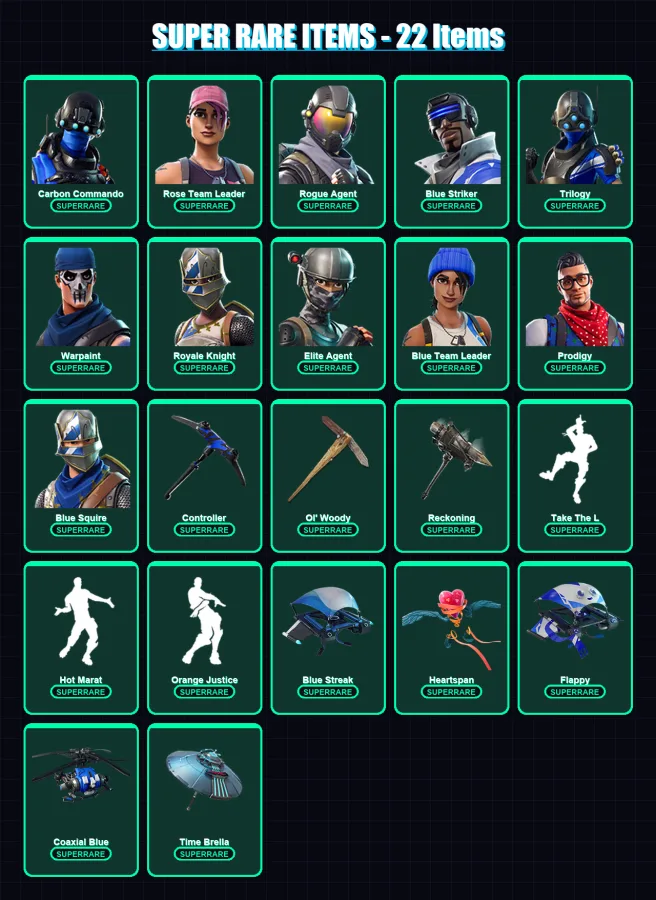 [PC] | Carbon Commando | Rose Team Leader | Rogue Agent | Blue Striker | Trilogy | 103 skin | 111 pickaxe | 90 emote | 123 glider | Lv1489