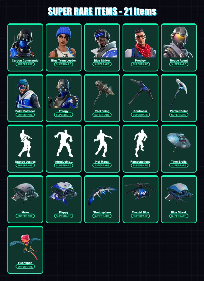 [PC/XBOX] | Carbon Commando | Blue Team Leader | Blue Striker | Prodigy | Rogue Agent | 77 skin | 86 pickaxe | 110 emote | 95 glider | Lv1276