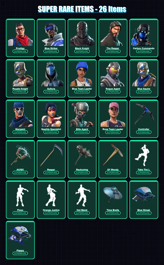 [PS4/PS5/XBOX/PC] | Prodigy | Blue Striker | Black Knight | The Reaper | Carbon Commando | 129 skin | 122 pickaxe | 128 emote | 104 glider | Lv1814