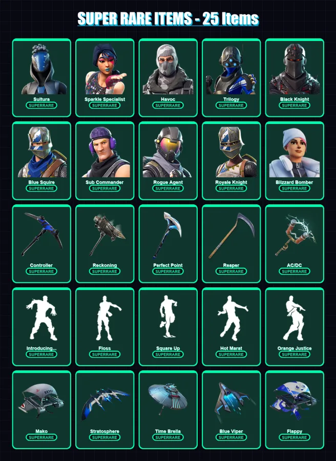 [PS4/PS5/PC] | Sultura | Sparkle Specialist | Havoc | Trilogy | Black Knight | 81 skin | 90 pickaxe | 95 emote | 105 glider | Lv1341