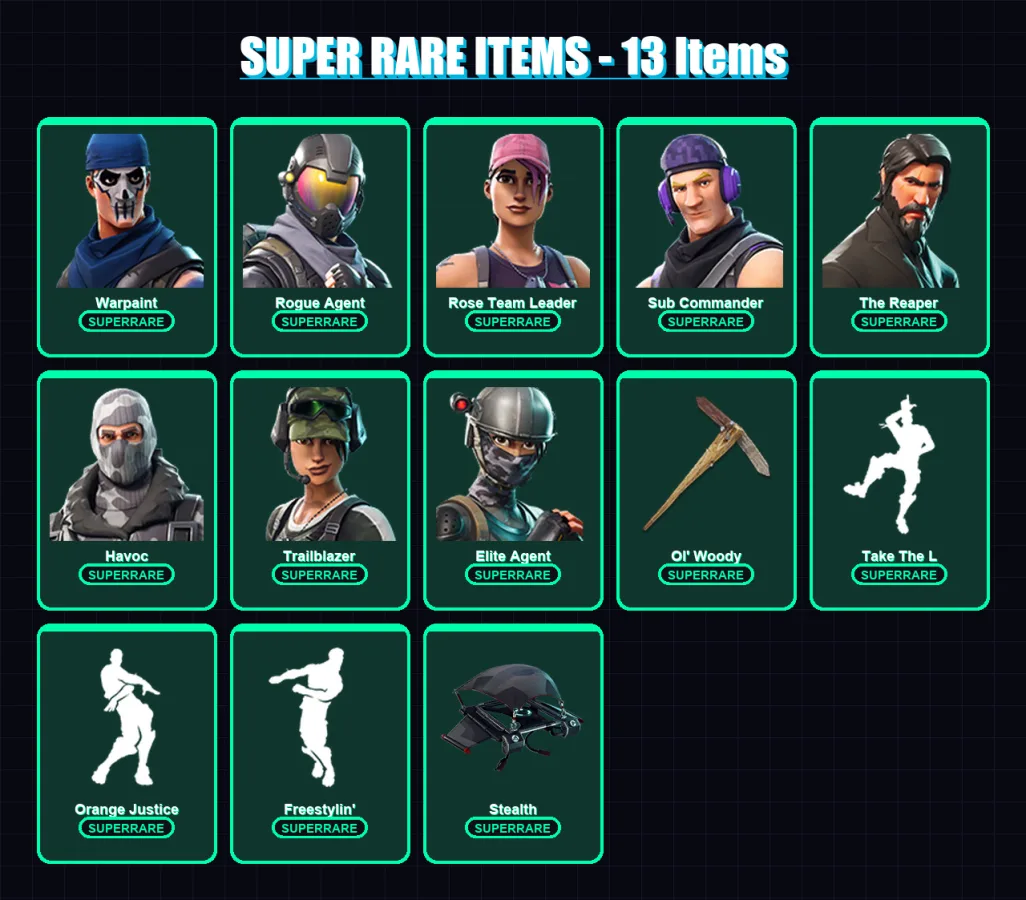 [PC/XBOX/PSN] | Warpaint | Rogue Agent | Rose Team Leader | Sub Commander | The Reaper | 34 skin | 23 pickaxe | 28 emote | 22 glider | Lv238