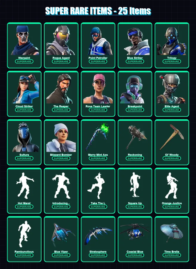 [PC/XBOX] | Warpaint | Rogue Agent | Point Patroller | Blue Striker | Trilogy | 221 skin | 220 pickaxe | 207 emote | 192 glider | Lv2641