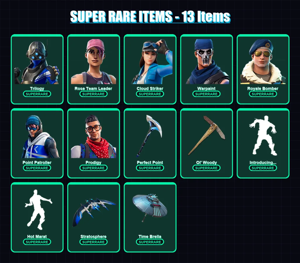[PS4/PS5/XBOX/PC] | Trilogy | Rose Team Leader | Cloud Striker | Warpaint | Royale Bomber | 100 skin | 108 pickaxe | 101 emote | 110 glider | Lv1302 — Fortnite account