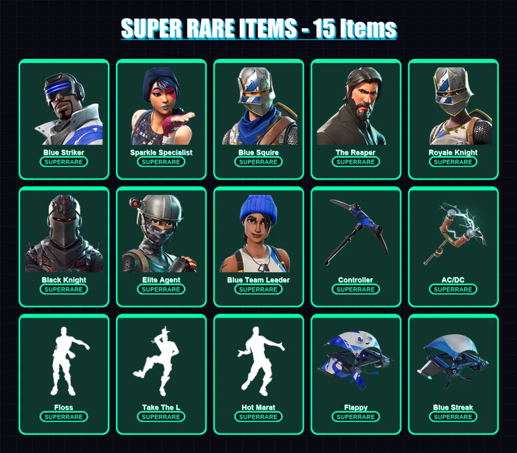 [PC] | Blue Striker | Sparkle Specialist | Blue Squire | The Reaper | Royale Knight | 20 skin | 26 pickaxe | 36 emote | 35 glider | Lv604