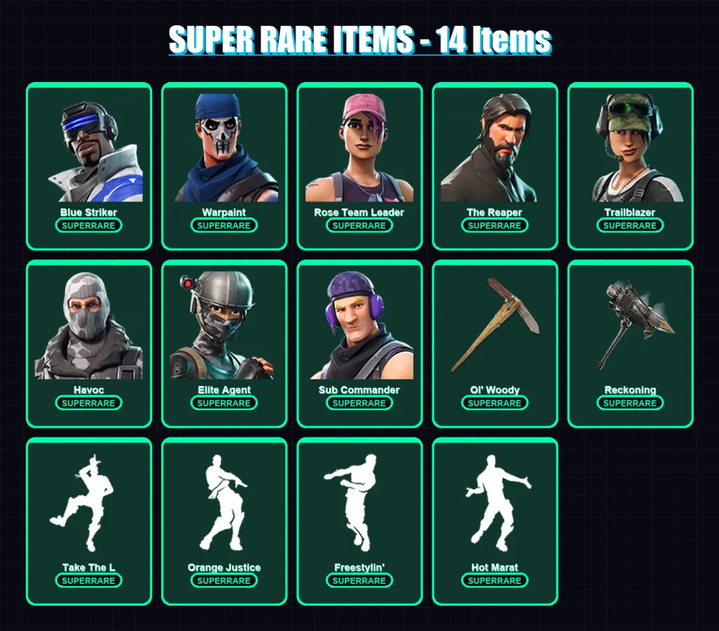 [PS4/PS5/XBOX/PC] | Blue Striker | Warpaint | Rose Team Leader | The Reaper | Trailblazer | 62 skin | 32 pickaxe | 45 emote | 42 glider | Lv596