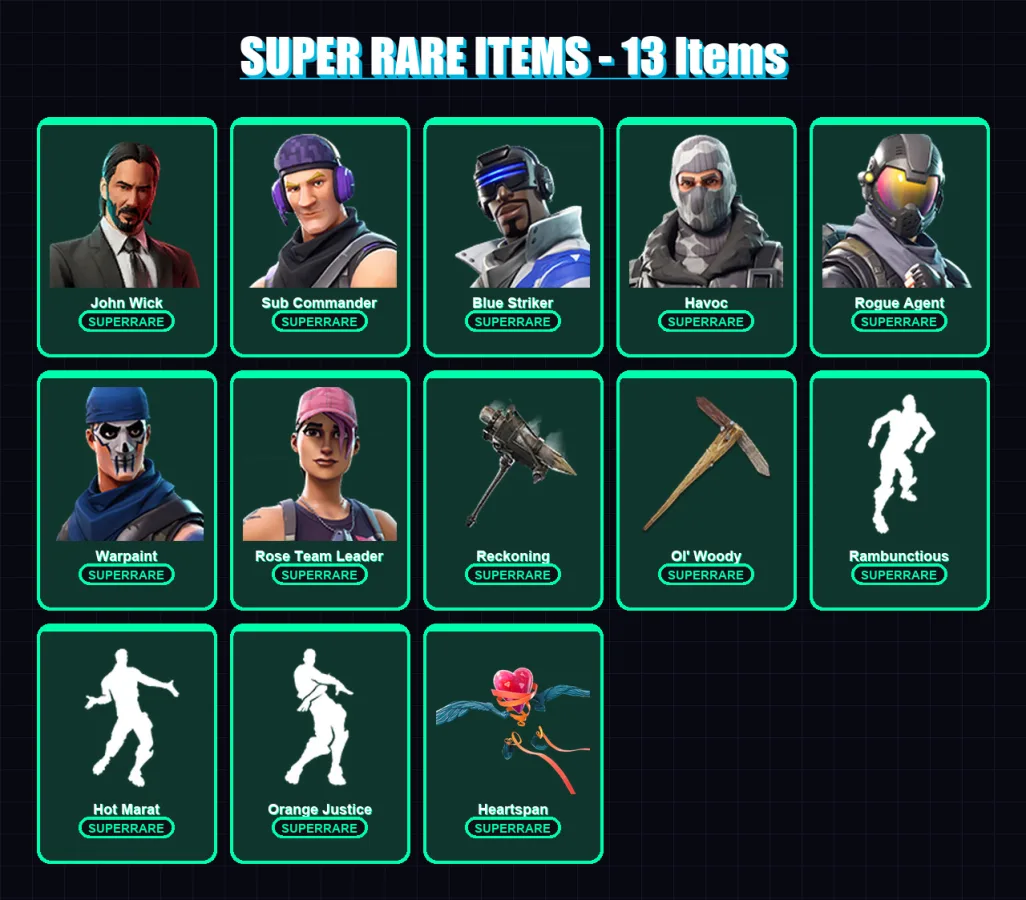 [PS4/PS5/XBOX/PC] | John Wick | Sub Commander | Blue Striker | Havoc | Rogue Agent | 94 skin | 63 pickaxe | 80 emote | 68 glider | Lv728