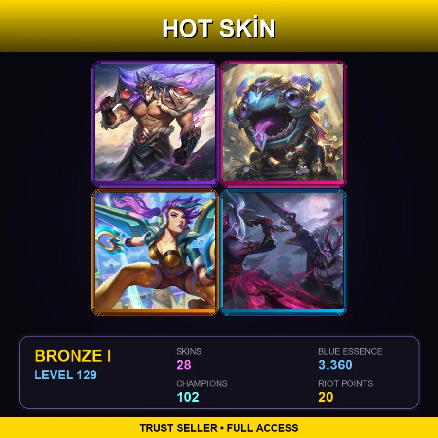 TR | Victorious Tryndamere | Victorious Kog'Maw | Arcade Kai'Sa | Blood Moon Master Yi | 28 Skin | 102 Champ | Bronze I | Lv129