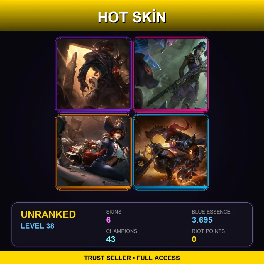 EUW | High Noon Lucian | Arcane Enforcer Caitlyn | Waterloo Miss Fortune | Vandal Jax | 6 Skin | 43 Champ | Lv38