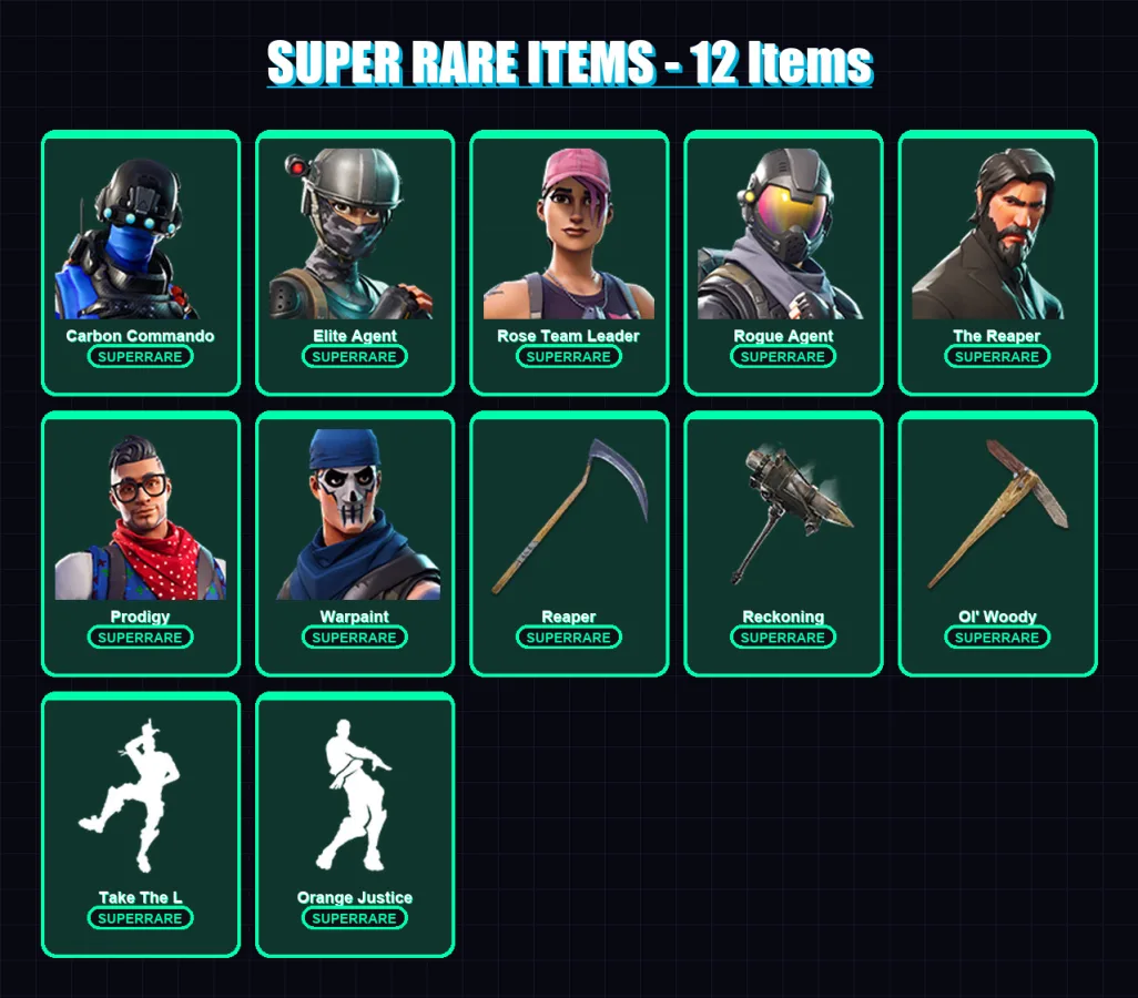 [PC/XBOX] | Carbon Commando | Elite Agent | Rose Team Leader | Rogue Agent | The Reaper | 112 skin | 107 pickaxe | 90 emote | 81 glider | Lv1118