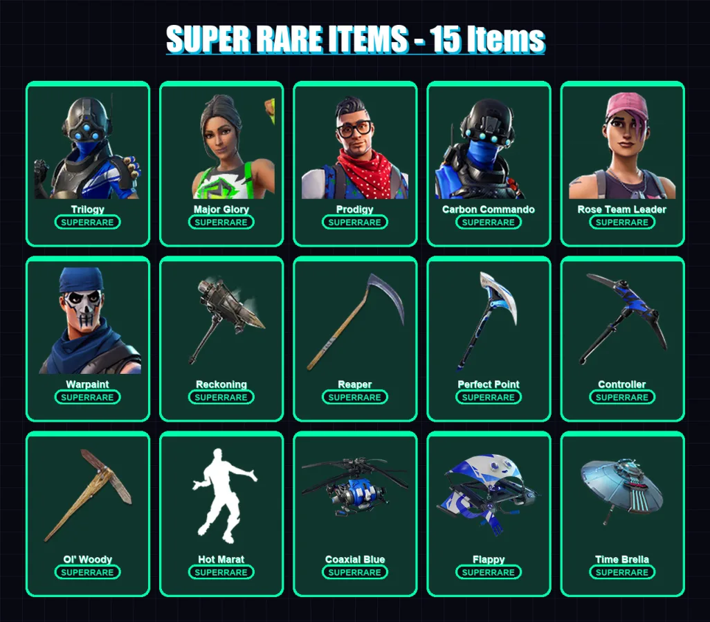 [PS4/PS5/PC] | Trilogy | Major Glory | Prodigy | Carbon Commando | Rose Team Leader | 149 skin | 141 pickaxe | 132 emote | 123 glider | Lv2203