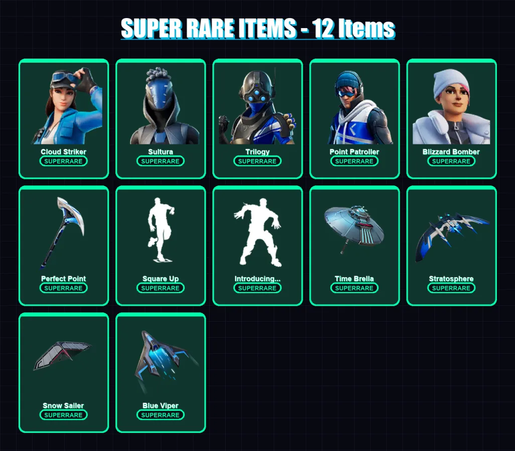 [PC/XBOX] | Cloud Striker | Sultura | Trilogy | Point Patroller | Blizzard Bomber | 23 skin | 49 pickaxe | 58 emote | 57 glider | Lv1237