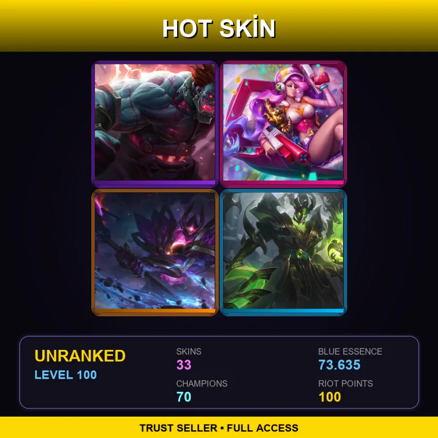 JP | Lv100 | Unranked | 33 Skin | 70 Champ — LoL account