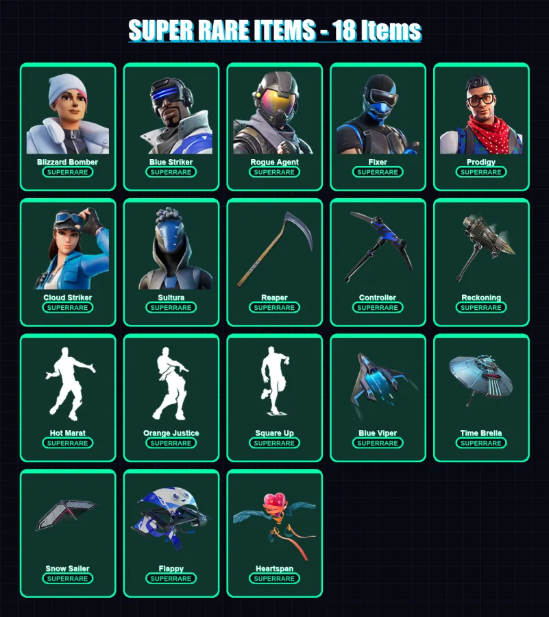 [PS4/PS5/XBOX/PC] | Blizzard Bomber | Blue Striker | Rogue Agent | Fixer | Prodigy | 118 skin | 112 pickaxe | 104 emote | 115 glider | Lv1344