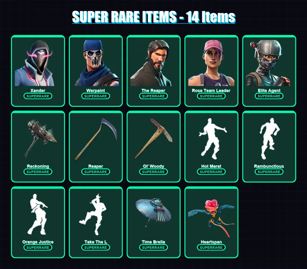 [PC] | Xander | Warpaint | The Reaper | Rose Team Leader | Elite Agent | 197 skin | 183 pickaxe | 150 emote | 165 glider | Lv2378