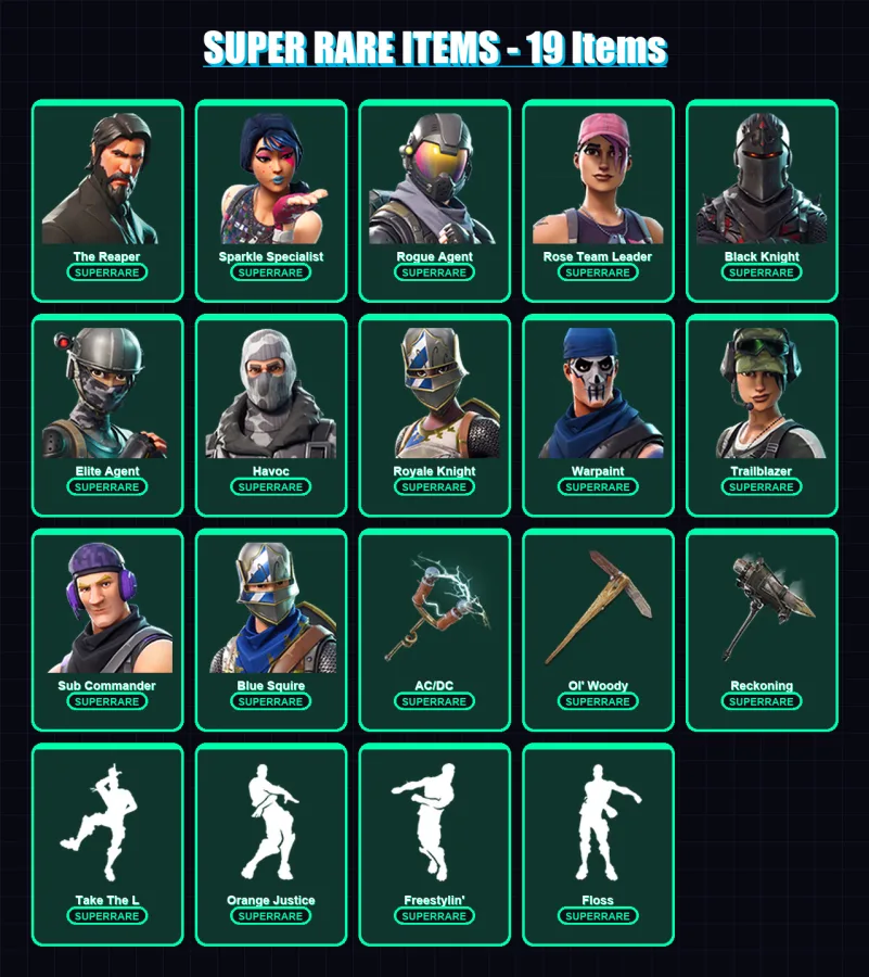 [PC/XBOX/PSN] | The Reaper | Sparkle Specialist | Rogue Agent | Rose Team Leader | Black Knight | 62 skin | 42 pickaxe | 56 emote | 49 glider | Lv60