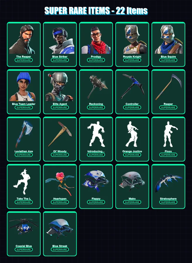 [PC] | The Reaper | Blue Striker | Prodigy | Royale Knight | Blue Squire | 99 skin | 112 pickaxe | 122 emote | 106 glider | Lv1513