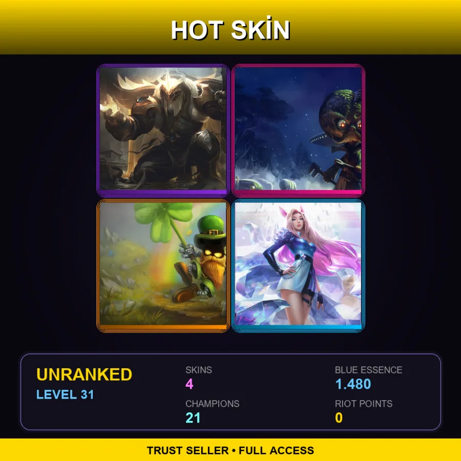 LAN | Arclight Yorick | Alien Invader Heimerdinger | Leprechaun Veigar | K/DA ALL OUT Ahri | 4 Skin | 21 Champ | Lv31