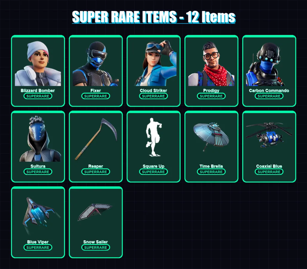 [PS4/PS5/XBOX/PC] | Blizzard Bomber | Fixer | Cloud Striker | Prodigy | Carbon Commando | 80 skin | 95 pickaxe | 113 emote | 90 glider | Lv1643