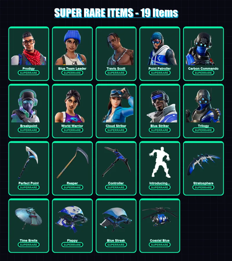 [PC/XBOX] | Prodigy | Blue Team Leader | Travis Scott | Point Patroller | Carbon Commando | 87 skin | 90 pickaxe | 86 emote | 84 glider | Lv1149