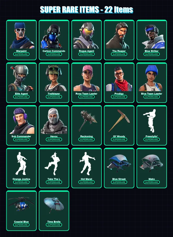 [PC/PSN] | Warpaint | Carbon Commando | Rogue Agent | The Reaper | Blue Striker | 79 skin | 67 pickaxe | 63 emote | 67 glider | Lv858