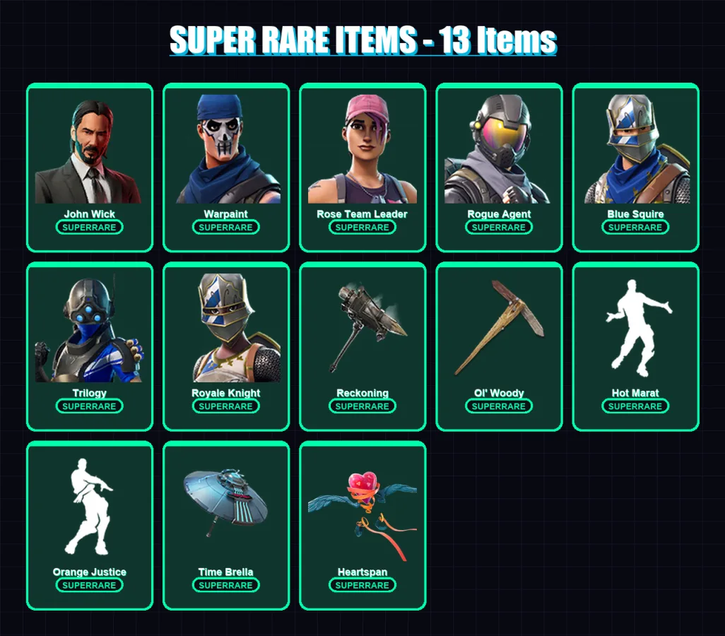 [PC/XBOX] | John Wick | Warpaint | Rose Team Leader | Rogue Agent | Blue Squire | 89 skin | 80 pickaxe | 112 emote | 76 glider | Lv1063
