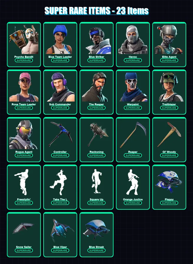 [PS4/PS5/XBOX/PC] | Psycho Bandit | Blue Team Leader | Blue Striker | Havoc | Elite Agent | 55 skin | 60 pickaxe | 39 emote | 53 glider | Lv510