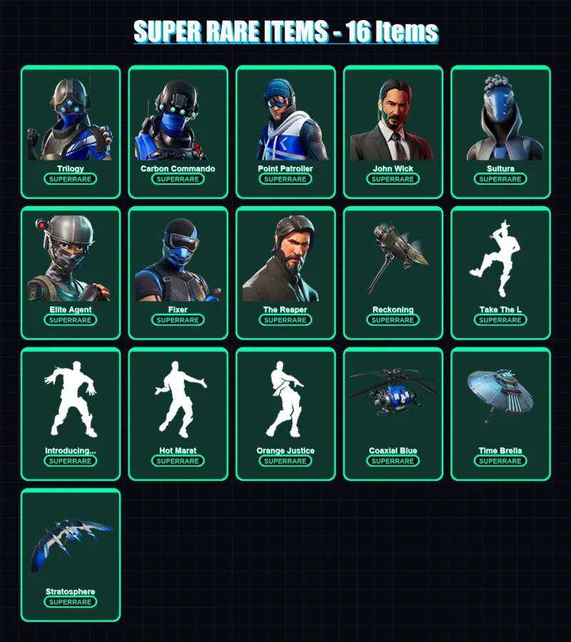 [PS4/PS5/XBOX/PC] | Trilogy | Carbon Commando | Point Patroller | John Wick | Sultura | 143 skin | 167 pickaxe | 142 emote | 160 glider | Lv1930
