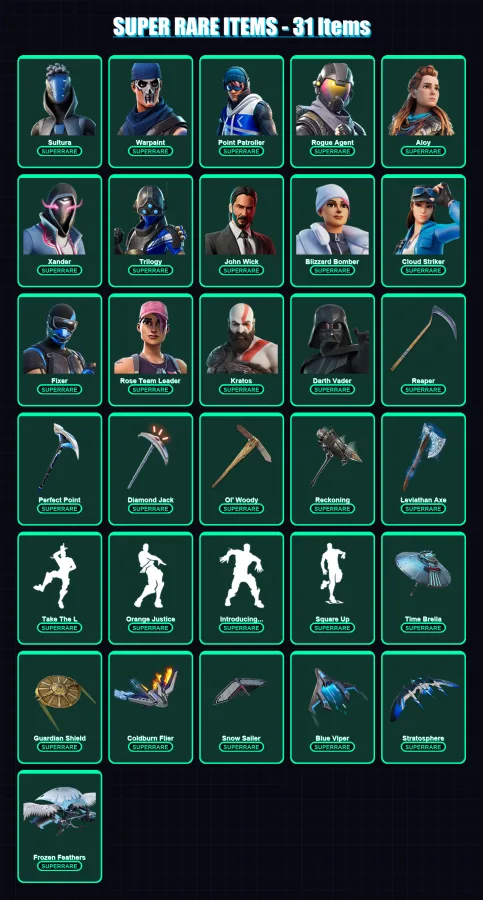 [PC/XBOX/PSN] | Sultura | Warpaint | Point Patroller | Rogue Agent | Aloy | 524 skin | 523 pickaxe | 439 emote | 314 glider | Lv5465