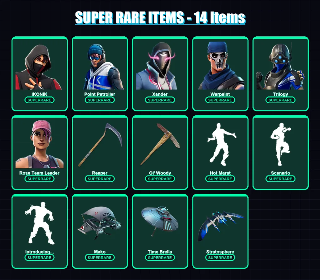 [PS4/PS5/PC] | IKONIK | Point Patroller | Xander | Warpaint | Trilogy | 137 skin | 146 pickaxe | 125 emote | 133 glider | Lv1693