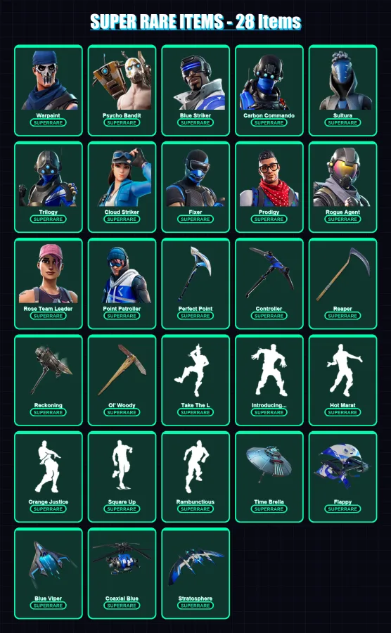 [PS4/PS5/XBOX/PC] | Warpaint | Psycho Bandit | Blue Striker | Carbon Commando | Sultura | 236 skin | 206 pickaxe | 173 emote | 148 glider | Lv2156