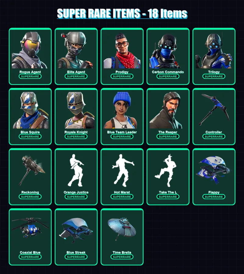 [PS4/PS5/XBOX/PC] | Rogue Agent | Elite Agent | Prodigy | Carbon Commando | Trilogy | 53 skin | 48 pickaxe | 61 emote | 58 glider | Lv840