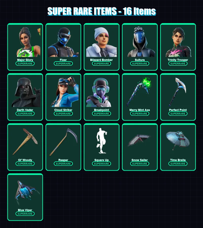 [PS4/PS5/XBOX/PC] | Major Glory | Fixer | Blizzard Bomber | Sultura | Trinity Trooper | 428 skin | 415 pickaxe | 392 emote | 256 glider | Lv5668