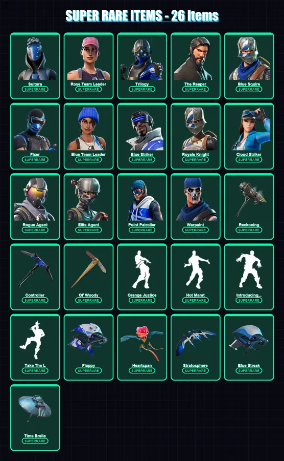 [PS4/PS5/XBOX/PC] | Sultura | Rose Team Leader | Trilogy | The Reaper | Blue Squire | 119 skin | 113 pickaxe | 92 emote | 103 glider | Lv1180