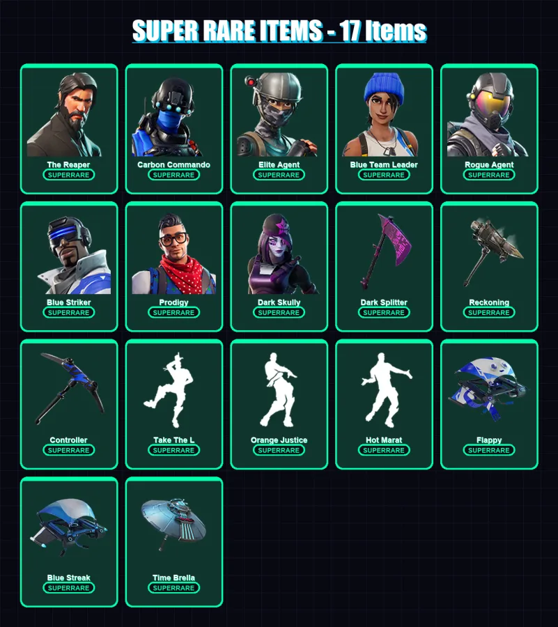 [PS4/PS5/XBOX/PC] | The Reaper | Carbon Commando | Elite Agent | Blue Team Leader | Rogue Agent | 66 skin | 52 pickaxe | 62 emote | 66 glider | Lv82 — Fortnite account