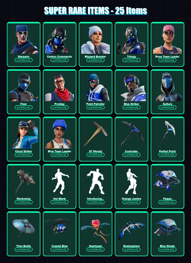 [PS4/PS5/XBOX/PC] | Warpaint | Carbon Commando | Blizzard Bomber | Trilogy | Rose Team Leader | 83 skin | 126 pickaxe | 95 emote | 127 glider | Lv18