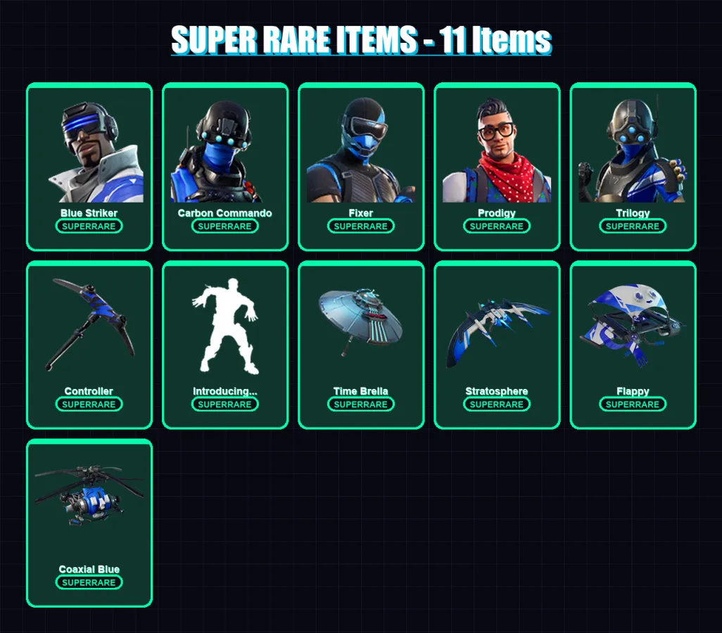 [PS4/PS5/XBOX/PC] | Blue Striker | Carbon Commando | Fixer | Prodigy | Trilogy | 23 skin | 47 pickaxe | 51 emote | 53 glider | Lv988
