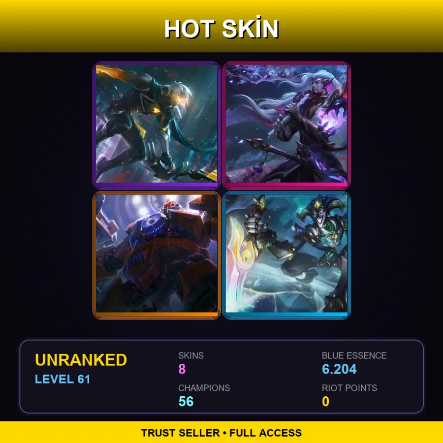 EUW | Lv61 | Unranked | 8 Skin | 56 Champ