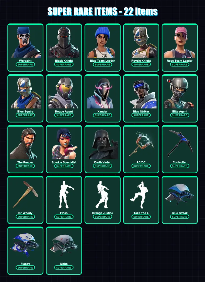 [PC/XBOX/PSN] | Warpaint | Black Knight | Blue Team Leader | Royale Knight | Rose Team Leader | 98 skin | 89 pickaxe | 94 emote | 79 glider | Lv1405