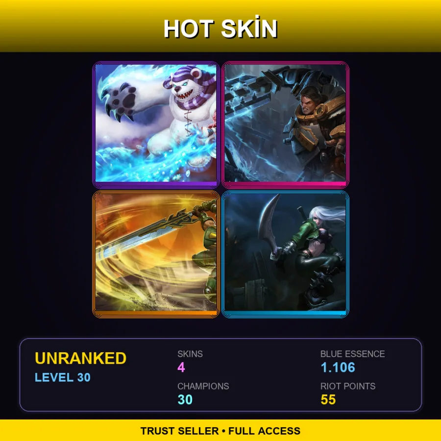 LAS | Lv30 | Unranked | 4 Skin | 30 Champ — LoL account