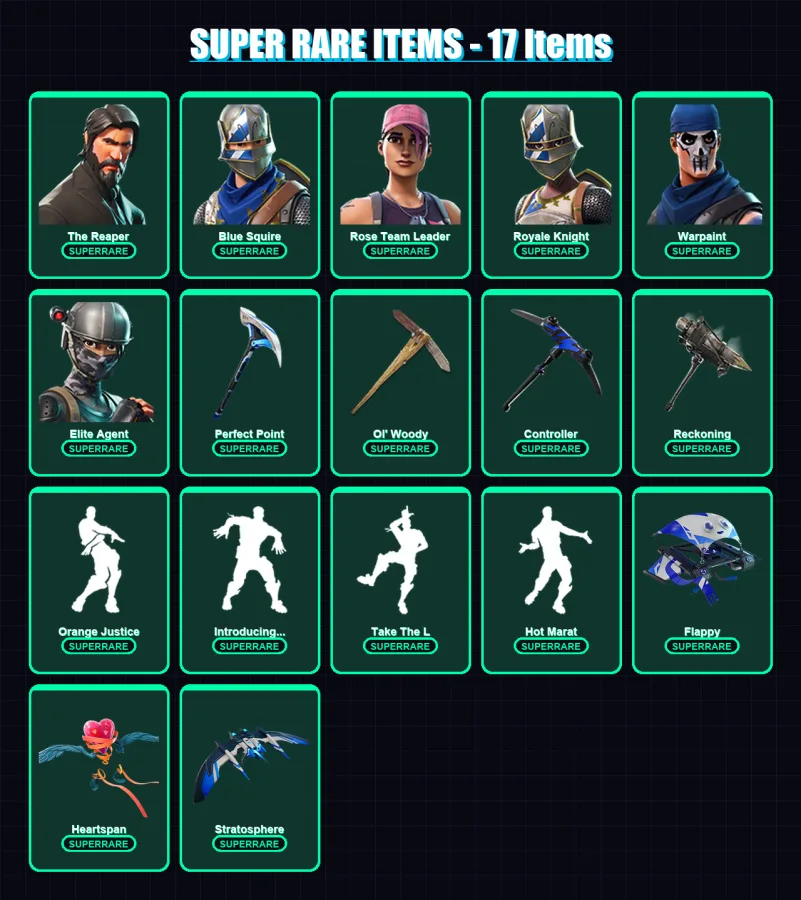 [PC/XBOX] | The Reaper | Blue Squire | Rose Team Leader | Royale Knight | Warpaint | 119 skin | 99 pickaxe | 116 emote | 105 glider | Lv1182