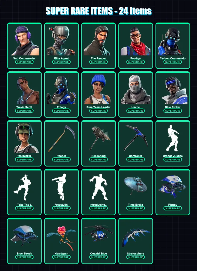 [SWITCH/XBOX/PC] | Sub Commander | Elite Agent | The Reaper | Prodigy | Carbon Commando | 97 skin | 59 pickaxe | 62 emote | 58 glider | Lv758