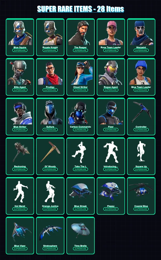 [PC/XBOX/PSN] | Blue Squire | Royale Knight | The Reaper | Rose Team Leader | Warpaint | 120 skin | 126 pickaxe | 134 emote | 117 glider | Lv1322