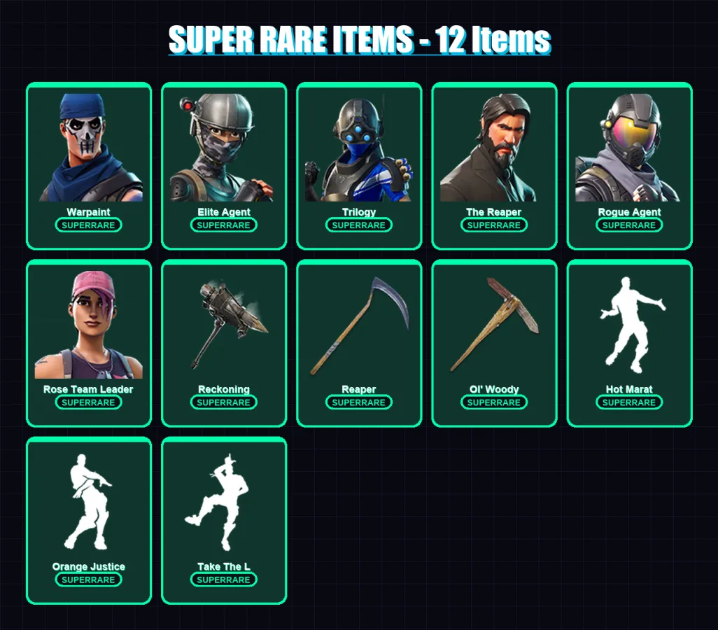 [PC/XBOX/PSN] | Warpaint | Elite Agent | Trilogy | The Reaper | Rogue Agent | 39 skin | 29 pickaxe | 49 emote | 39 glider | Lv545