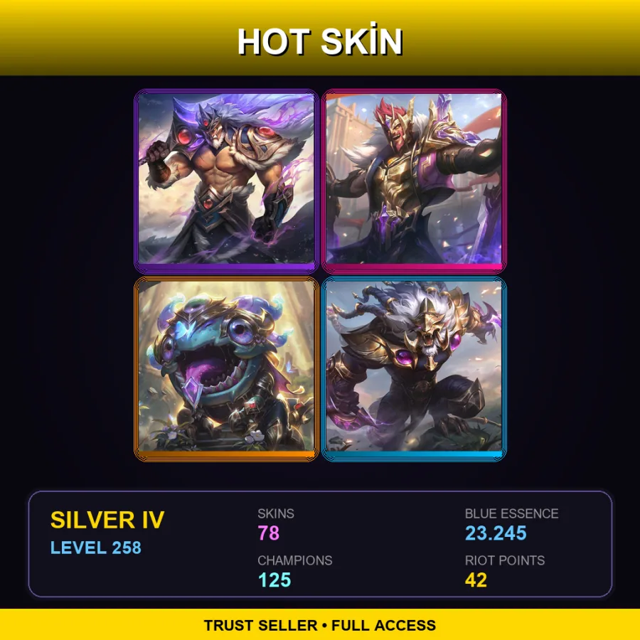 LAS | Victorious Tryndamere | Victorious Draven | Victorious Kog'Maw | Victorious Rengar | 78 Skin | 125 Champ | Silver IV | Lv258