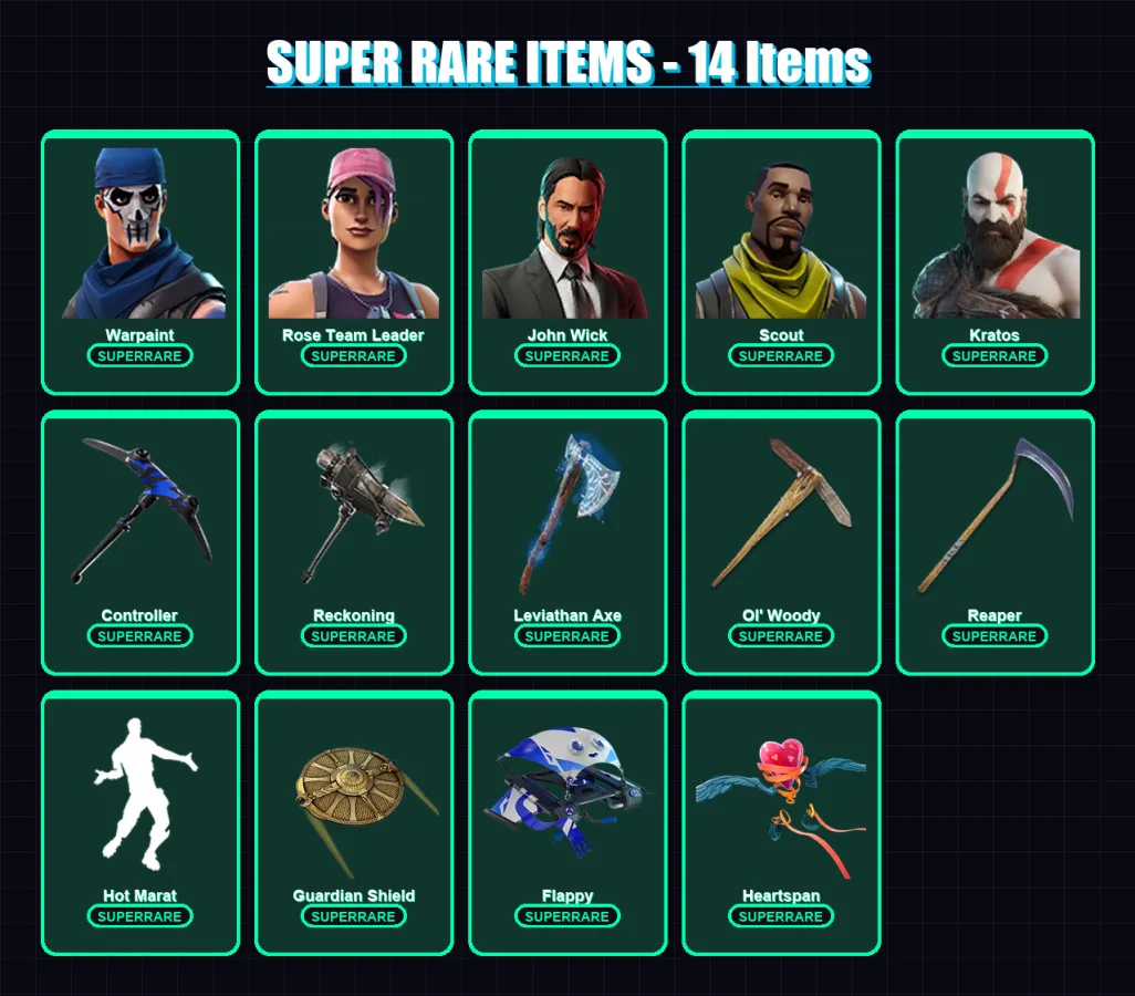 [PC/XBOX] | Warpaint | Rose Team Leader | John Wick | Scout | Kratos | 141 skin | 145 pickaxe | 118 emote | 134 glider | Lv1893 — Fortnite account