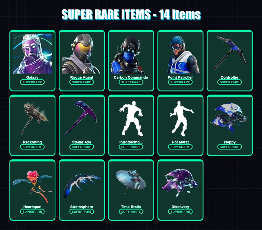 [PS4/PS5/XBOX/PC] | Galaxy | Rogue Agent | Carbon Commando | Point Patroller | Blackheart | 34 skin | 63 pickaxe | 81 emote | 75 glider | Lv1242